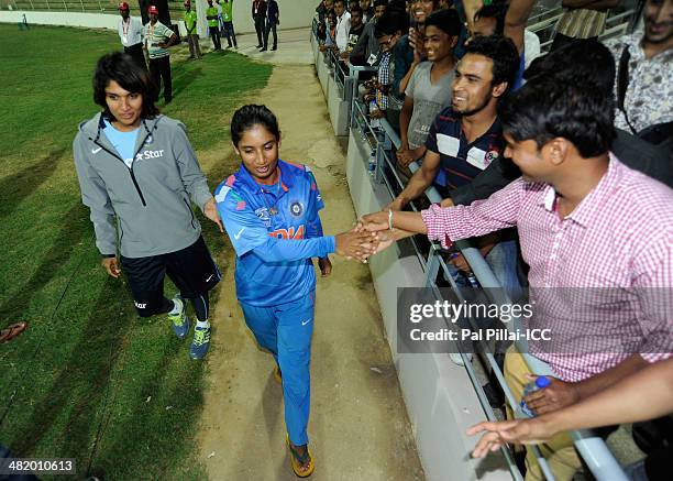 Mithali Raj captain of India shake hands with the Indian supporters after the ICC Women's World Twenty20 Playoff 2 match between Pakistan Women and...