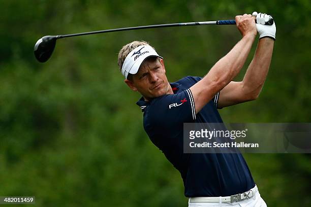 Luke Donald of England hits a shot during the pro-am prior to the start of the Shell Houston Open at the Golf Club of Houston on April 2, 2014 in...