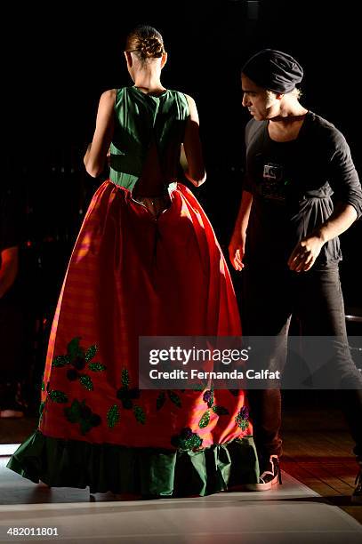 Fause Haten and Models walk the runway at FH por Fause Haten show during Sao Paulo Fashion Week Summer 2014/2015 at Parque Candido Portinari on April...