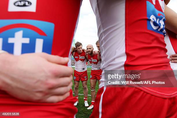 Jarrad McVeigh of the Swans speaks to the huddle at the start of the game during the round 17 AFL match between the West Coast Eagles and the Sydney...