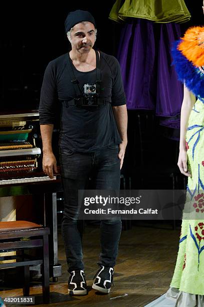 Fause Haten and Models walk the runway at FH por Fause Haten show during Sao Paulo Fashion Week Summer 2014/2015 at Parque Candido Portinari on April...