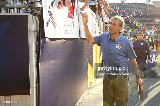 Head coach Jurgen Klinsmann of the United States looks on before playing Panama during the CONCACAF Gold Cup Third Place Match at PPL Park on July...