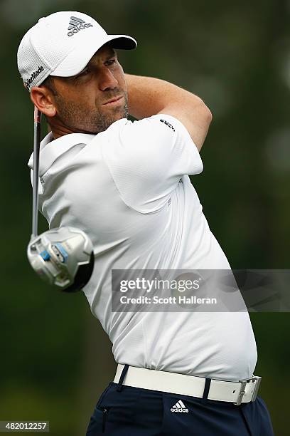 Sergio Garcia of Spain hits a shot during the pro-am prior to the start of the Shell Houston Open at the Golf Club of Houston on April 2, 2014 in...