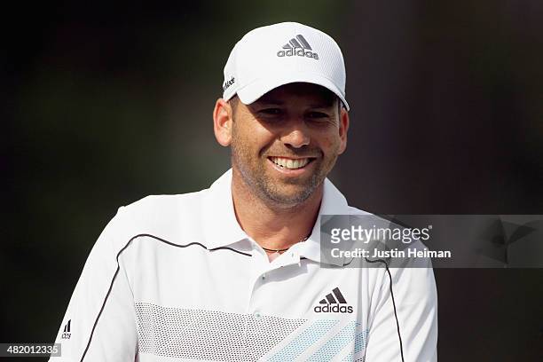 Sergio Garcia of Spain looks on during the pro-am prior to the start of the Shell Houston Open at the Golf Club of Houston on April 2, 2014 in...