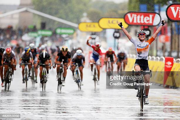 Anna Van Der Breggen of the Netherlands and Rabo Liv Woman Cycling Team celebrates as she crosses the finish line to win the La Course By Le Tour De...