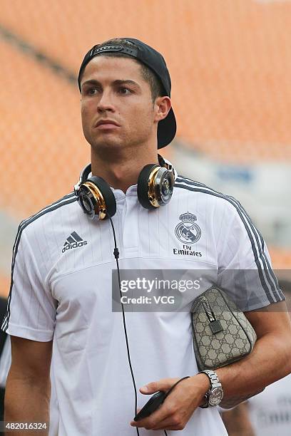 Cristiano Ronaldo of Real Madrid arrives at Tianhe Sports Center prior to a training session ahead of the International Champions Cup football match...