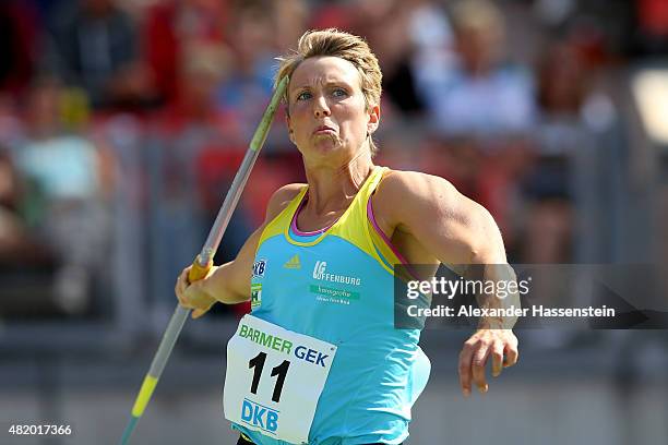 Christina Obergfoell of LG Offenburg competes in the javelin finale during day 3 of the German Championships in Athletics at Grundig Stadium on July...