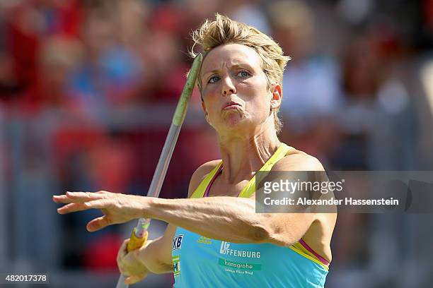 Christina Obergfoell of LG Offenburg competes in the javelin finale during day 3 of the German Championships in Athletics at Grundig Stadium on July...
