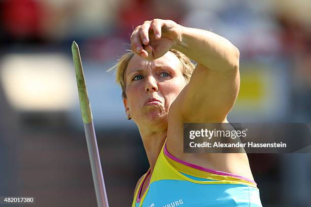 Christina Obergfoell of LG Offenburg competes in the javelin finale during day 3 of the German Championships in Athletics at Grundig Stadium on July...