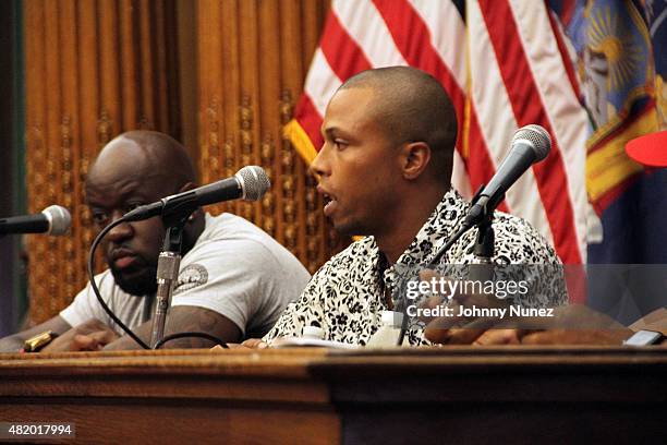 Money And Violence" show creator Moe and professional basketball player Sebastian Telfair speak during the Push 4 Peace Town Hall Show & Community...
