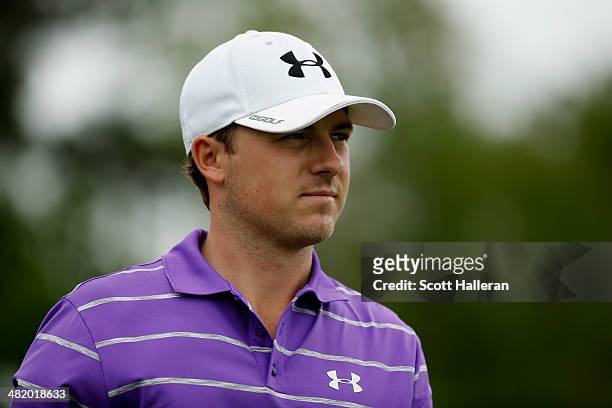 Jordan Spieth of the United States looks on during the pro-am prior to the start of the Shell Houston Open at the Golf Club of Houston on April 2,...
