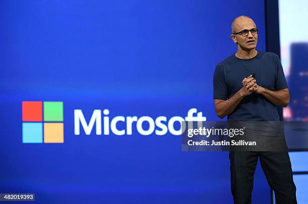 Microsoft CEO Satya Nadella delivers a keynote address during the 2014 Microsoft Build developer conference on April 2, 2014 in San Francisco,...