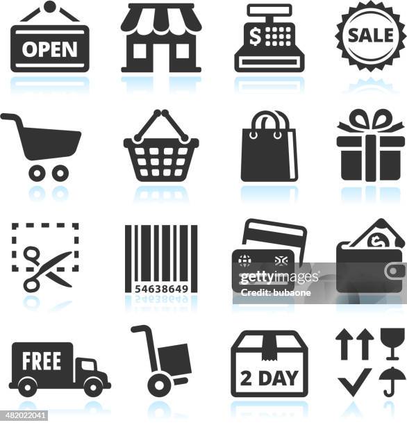 shopping and commerce black & white vector icon set - merchandise stock illustrations