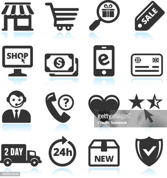 ilustraciones, imágenes clip art, dibujos animados e iconos de stock de compras en línea y comercio negro & conjunto de iconos de vector blanco - franchising
