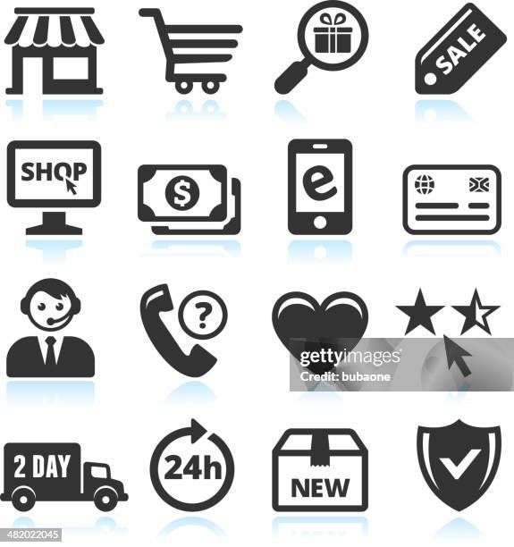 online shopping and commerce black & white vector icon set - franchise stock illustrations