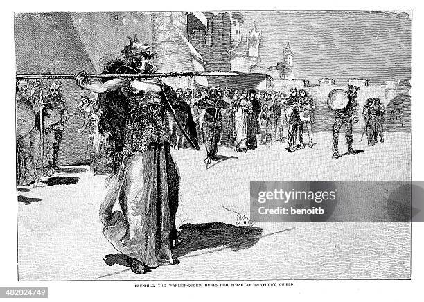 warrior queen throwing her spear - castle courtyard stock illustrations