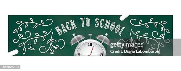 back to school supplies banner with chalk doodle and clock - chalk doodle vector stock illustrations