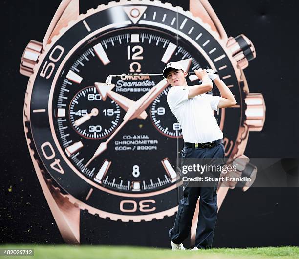 Matthew Fitzpatrick of England plays a shot during the final round of the Omega European Masters at Crans-sur-Sierre Golf Club on July 26, 2015 in...