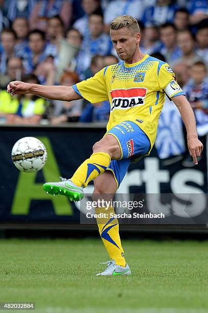 Filip Daems of Westerlo plays the ball during the Jupiler league match between KVC Westerlo and KAA Gent at Het Kuipje on July 26, 2015 in Westerlo,...