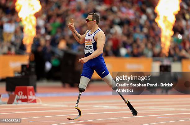 Richard Whitehead of Great Britain wins the Men's T42 200m during the IPC Grand Prix Final on day three of the Sainsbury's Anniversary Games event at...