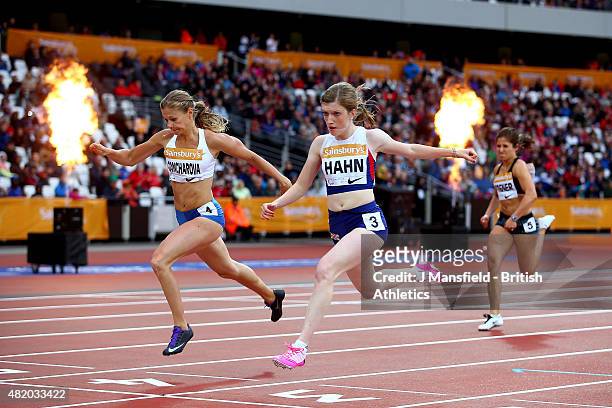 Sophie Hahn of Great Britain crosses the line to win the Women's 100m T38 ahead of Margarita Goncharova of Russia during the IPC Grand Prix Final on...