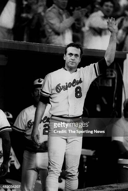 Cal Ripken Jr. Of the Baltimore Orioles acknowledges the crowd circa 1980s.