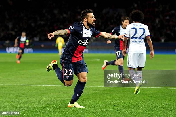 Ezequiel Lavezzi of PSG celebrates after scoring the opening goal during the UEFA Champions League quarter final, first leg match between Paris Saint...