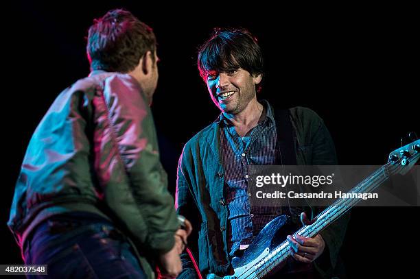 Damon Albarn, Graham Coxon and Alex James from the band Blur perform for fans during Splendour in the Grass on July 26, 2015 in Byron Bay, Australia.