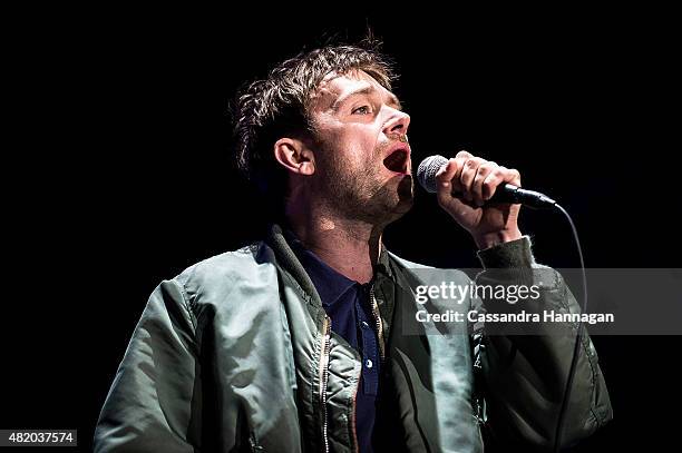 Damon Albarn of the band Blur performs for fans during Splendour in the Grass on July 26, 2015 in Byron Bay, Australia.