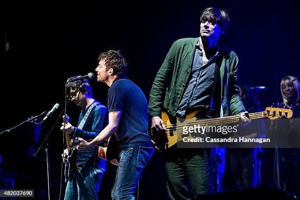 Damon Albarn, Graham Coxon and Alex James from the band Blur perform for fans during Splendour in the Grass on July 26, 2015 in Byron Bay, Australia.