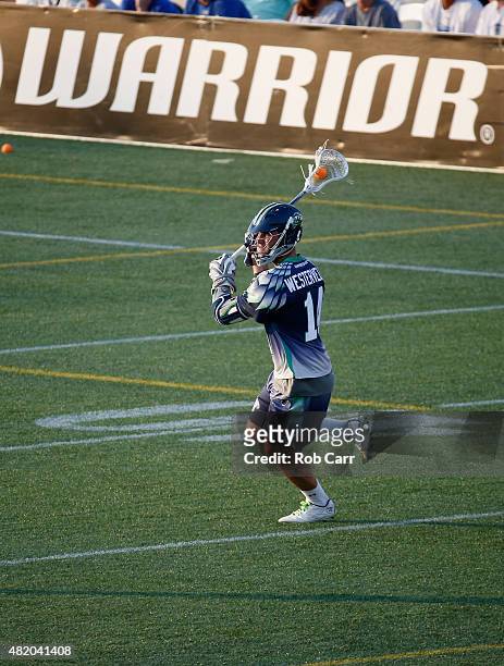 Drew Westervelt of the Chesapeake Bayhawks passes the ball against the Charlotte Hounds during the first half at Navy-Marine Corps Memorial Stadium...