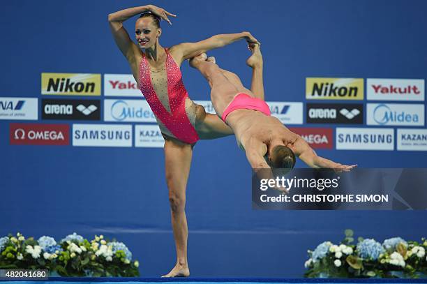 Mixed duet Christina Jones and Bill May compete in the Mixed Duet Technical final during the synchronised swimming competition at the 2015 FINA World...