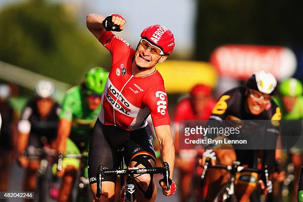 Andre Greipel of Germany and Lotto-Soudal celebrates as he crosses the finish line to win the twenty first stage of the 2015 Tour de France, a 109.5...