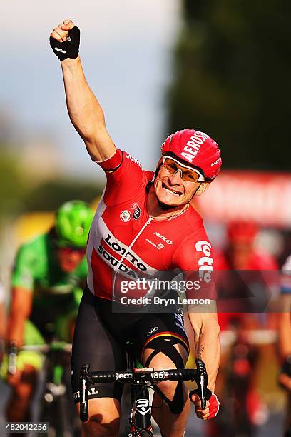 Andre Greipel of Germany and Lotto-Soudal celebrates as he crosses the finish line to win the twenty first stage of the 2015 Tour de France, a 109.5...