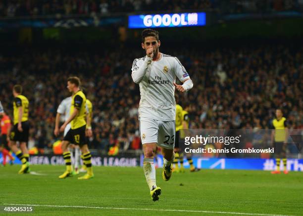 Isco of Real Madrid celebrates scoring his team's second goal during the UEFA Champions League Quarter Final first leg match between Real Madrid and...