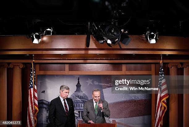 Sen. Charles Schumer and Sen. Sheldon Whitehouse speak during a press conference at the U.S. Capitol April 2, 2014 in Washington, DC. Schumer and...