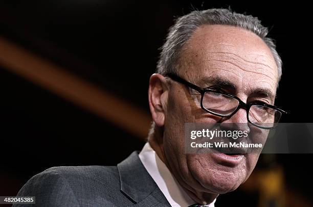 Sen. Charles Schumer speaks during a press conference at the U.S. Capitol April 2, 2014 in Washington, DC. Schumer and Whitehouse spoke on the recent...