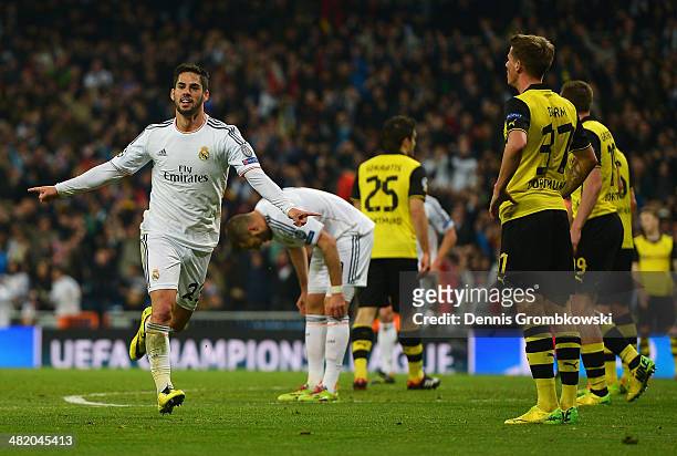 Isco of Real Madrid celebrates scoring his team's second goal during the UEFA Champions League Quarter Final first leg match between Real Madrid and...