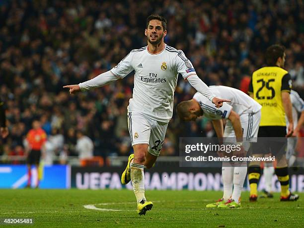 Isco of Real Madrid celebrates scoring his team's second goal during the UEFA Champions League Quarter Final first leg match between Real Madrid and...