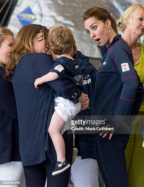 Catherine, Duchess of Cambridge meets staff and families at the Ben Ainslie Racing team base as she attends the America's Cup World Series event on...