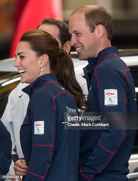 Prince William, Duke of Cambridge and Catherine, Duchess of Cambridge at the Ben Ainslie Racing team base as they attend the America's Cup World...