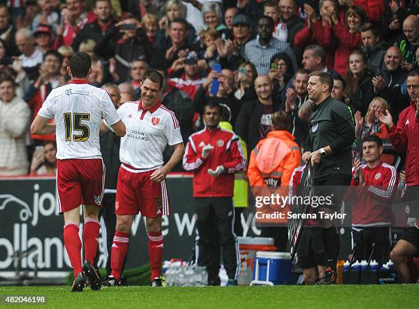 Chris Morgan of Sheffield waits to come on the pitch during the Pre Season Friendly between Sheffield United and Newcastle United at Bramall Lane on...