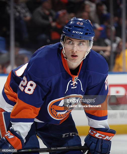 Johan Sundstrom of the New York Islanders skates against the Florida Panthers at the Nassau Veterans Memorial Coliseum on April 1, 2014 in Uniondale,...
