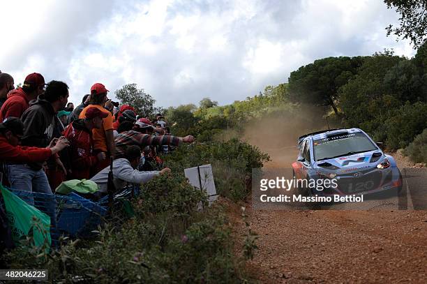 Juho Hanninen of Finland and Tomi Tuominen of Finland compete in their Hyundai Motorsport Hyundai ì20 WRC during the Shakedown of the WRC Portugal on...