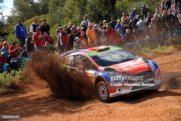 Nicolas Fuchs of Peru and Fernando Mussano of Argentina compete in their Ford Fiesta R5 during the Shakedown of the WRC Portugal on April 2, 2014 in...