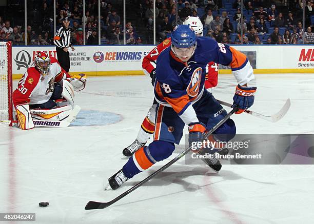 Johan Sundstrom of the New York Islanders skates against the Florida Panthers at the Nassau Veterans Memorial Coliseum on April 1, 2014 in Uniondale,...