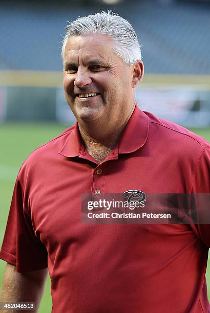 General manager Kevin Towers of the Arizona Diamondbacks talks with the media before the Opening Day MLB game against the San Francisco Giants at...