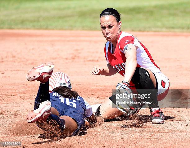 Jennifer Salling of Canada tags out Michelle Moultrie of the United States of America to end of second inning during the 2015 Pan Am Games at the...