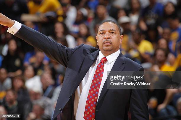 Head Coach Mark Jackson of the Golden State Warriors coaches against the New York Knicks on March 30, 2014 at Oracle Arena in Oakland, California....