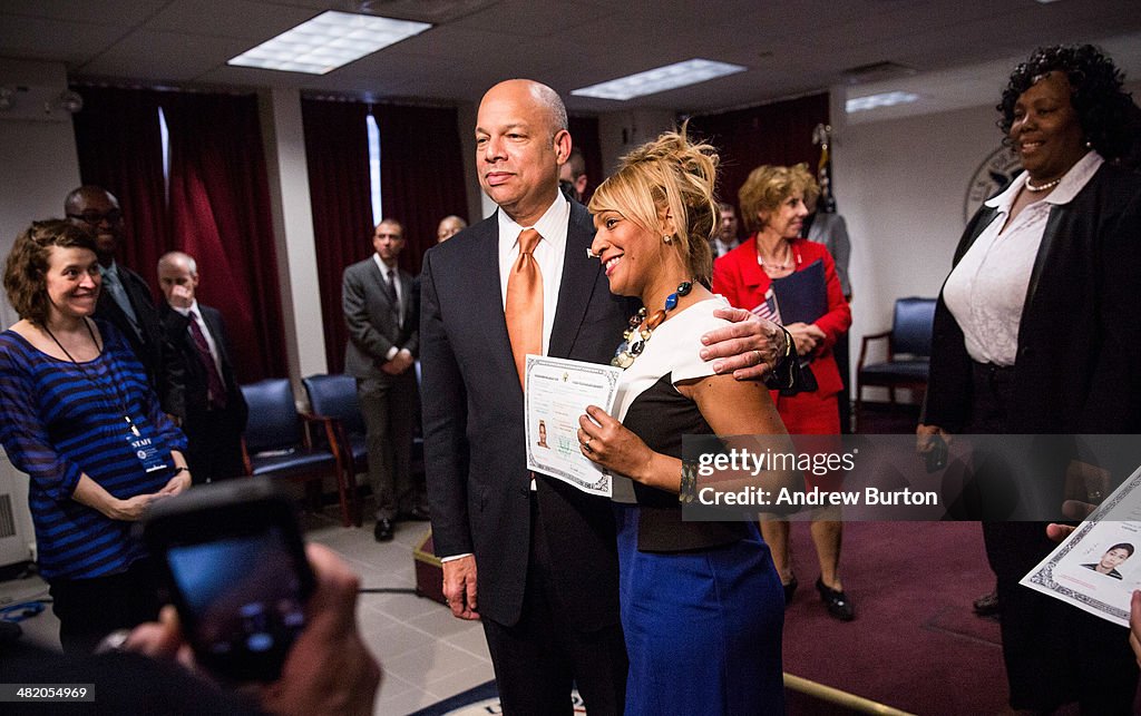 Jeh Johnson Administers Oath Of Allegiance At Naturalization Ceremony In NYC